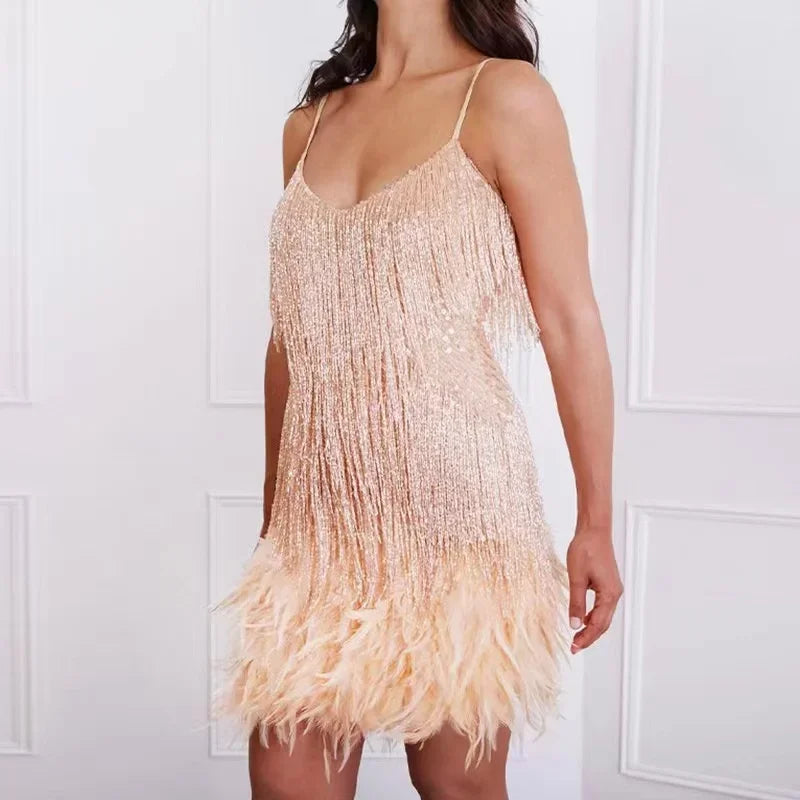 2026 Sequin Feather Mini Dress with Tassel Detail | Spaghetti Strap Party Dress