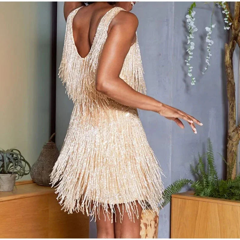 2026 Sequin Feather Mini Dress with Tassel Detail | Spaghetti Strap Party Dress