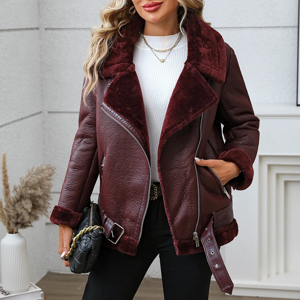 The Fitaylor Rider Jacket: Faux Fur Lined Leather Coat for Women