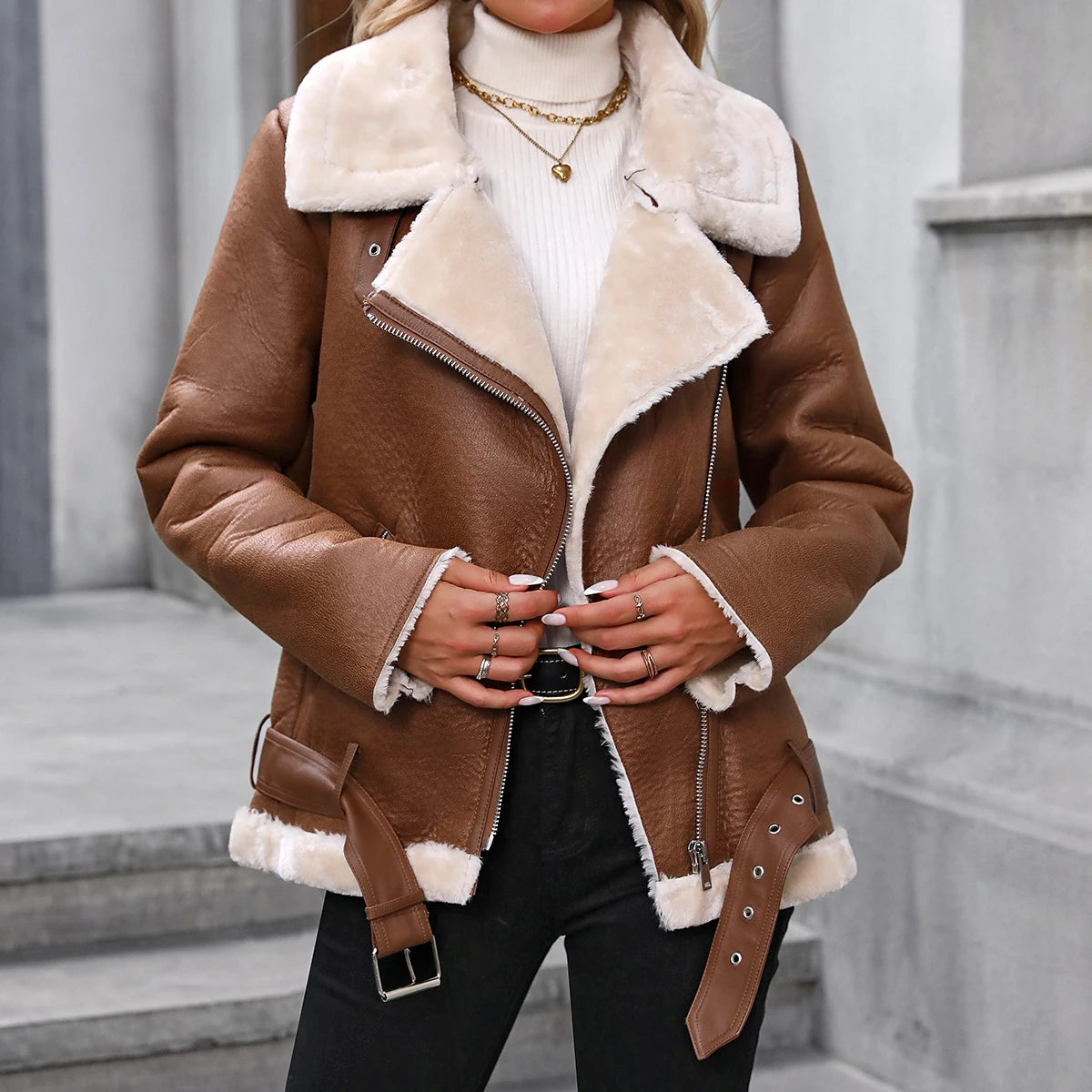 The Fitaylor Rider Jacket: Faux Fur Lined Leather Coat for Women