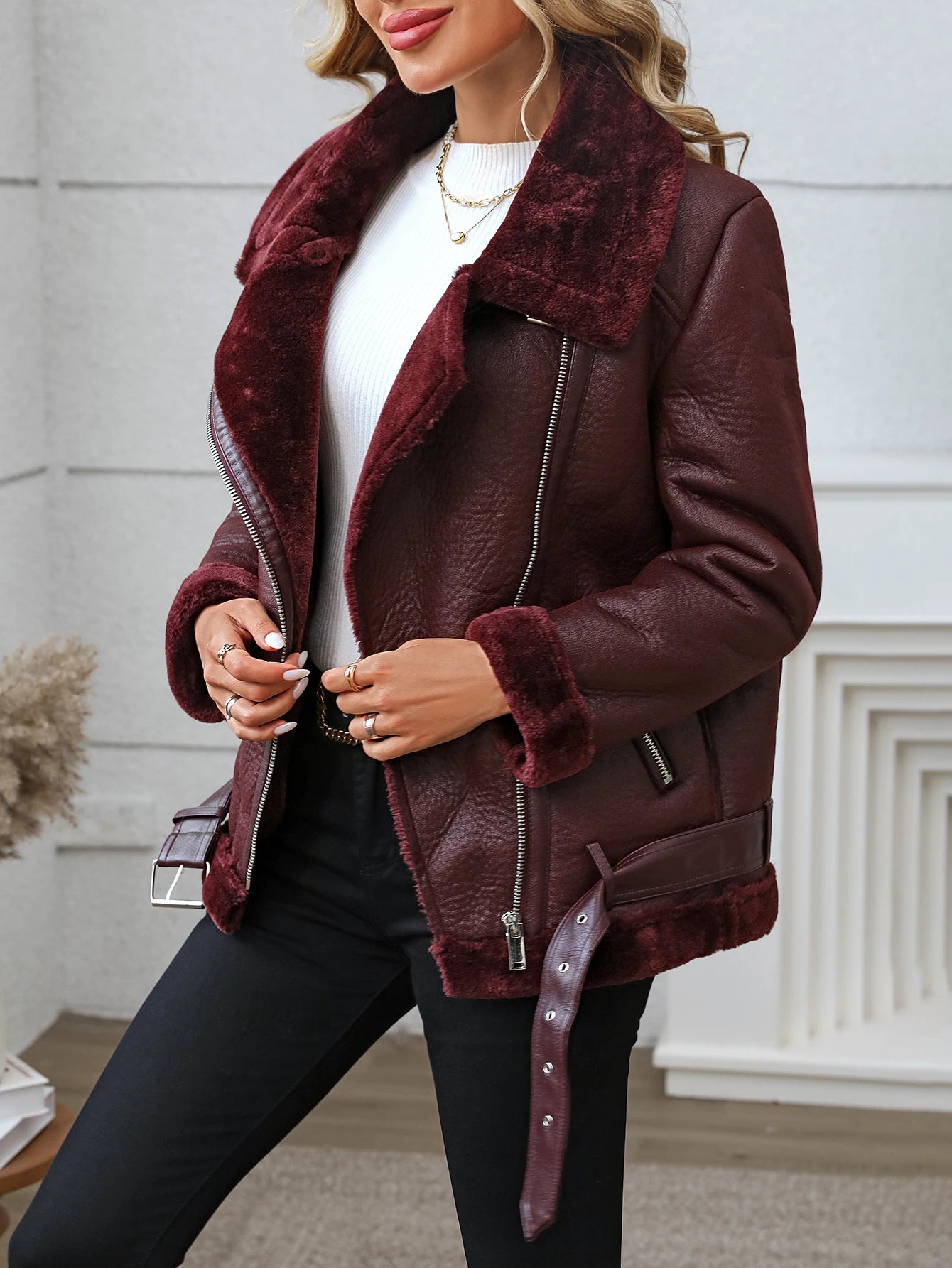 The Fitaylor Rider Jacket: Faux Fur Lined Leather Coat for Women