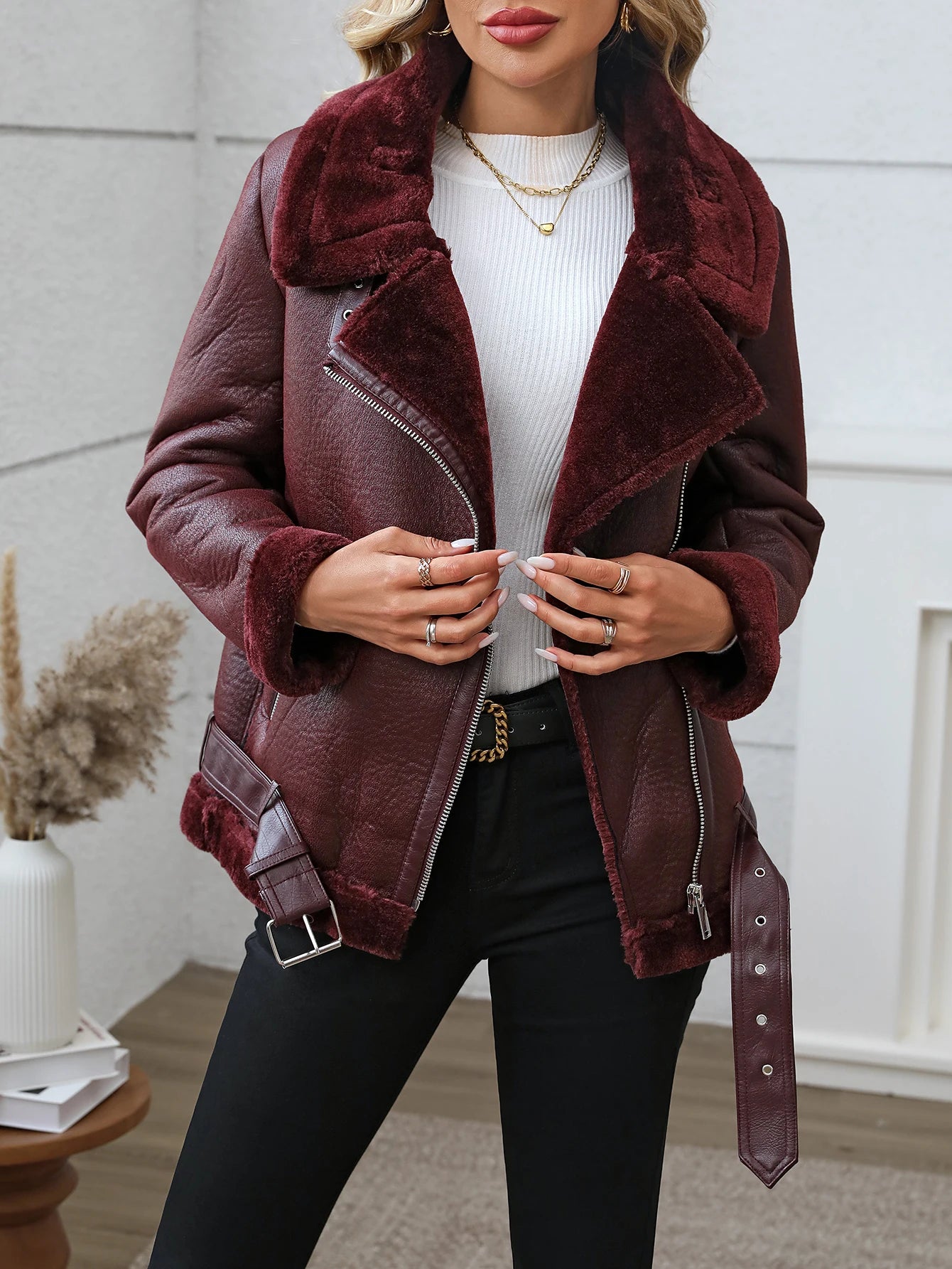 The Fitaylor Rider Jacket: Faux Fur Lined Leather Coat for Women