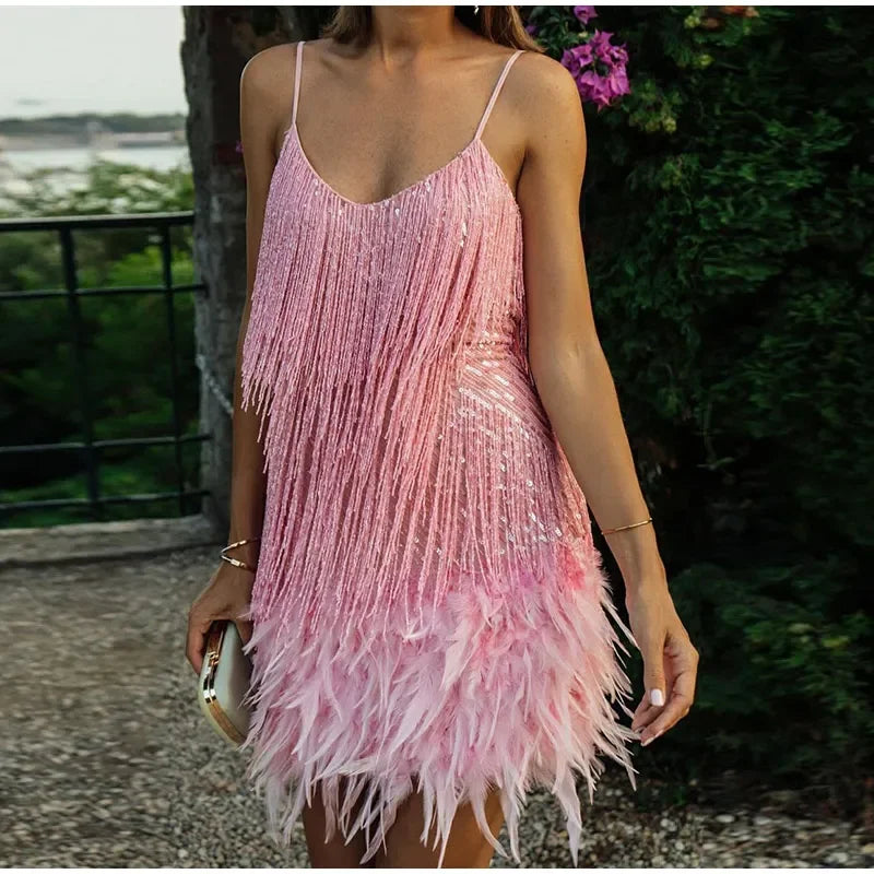 2026 Sequin Feather Mini Dress with Tassel Detail | Spaghetti Strap Party Dress
