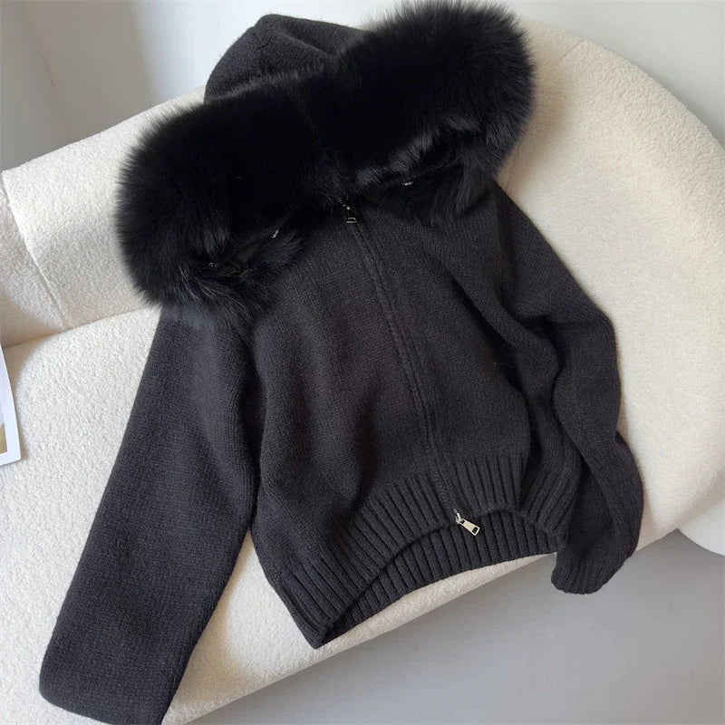 Hooded Jacket with Real Fox Fur Trim
