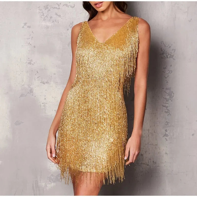 2026 Sequin Feather Mini Dress with Tassel Detail | Spaghetti Strap Party Dress