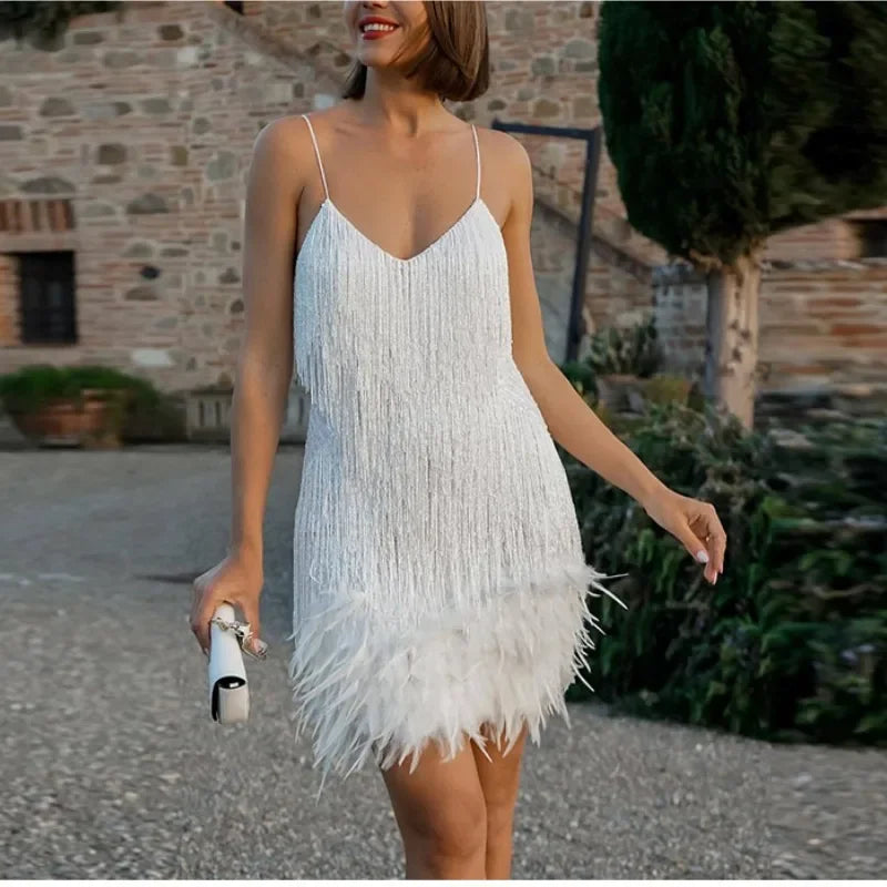 2026 Sequin Feather Mini Dress with Tassel Detail | Spaghetti Strap Party Dress