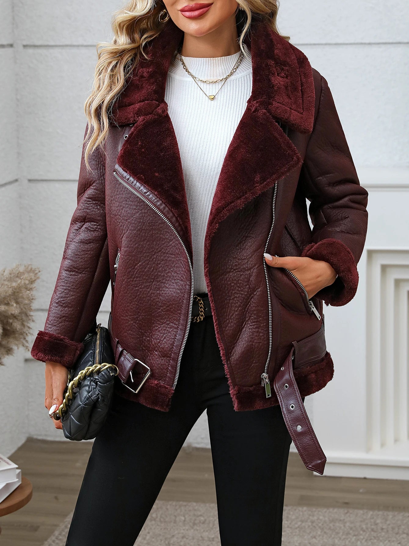 The Fitaylor Rider Jacket: Faux Fur Lined Leather Coat for Women